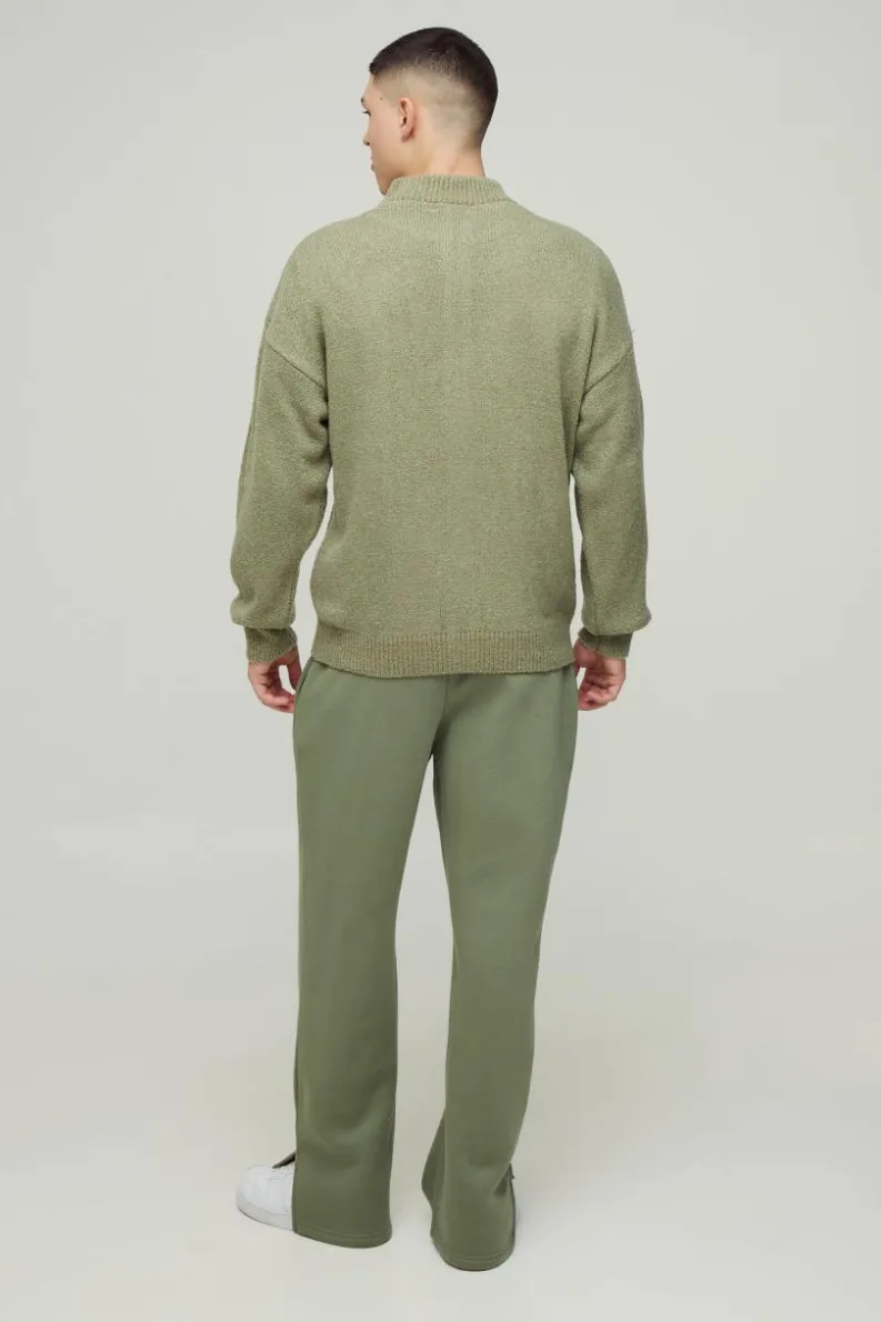 Fashion boohooMAN Relaxed Fit Boucle Zip Up Knitted Jumper khaki