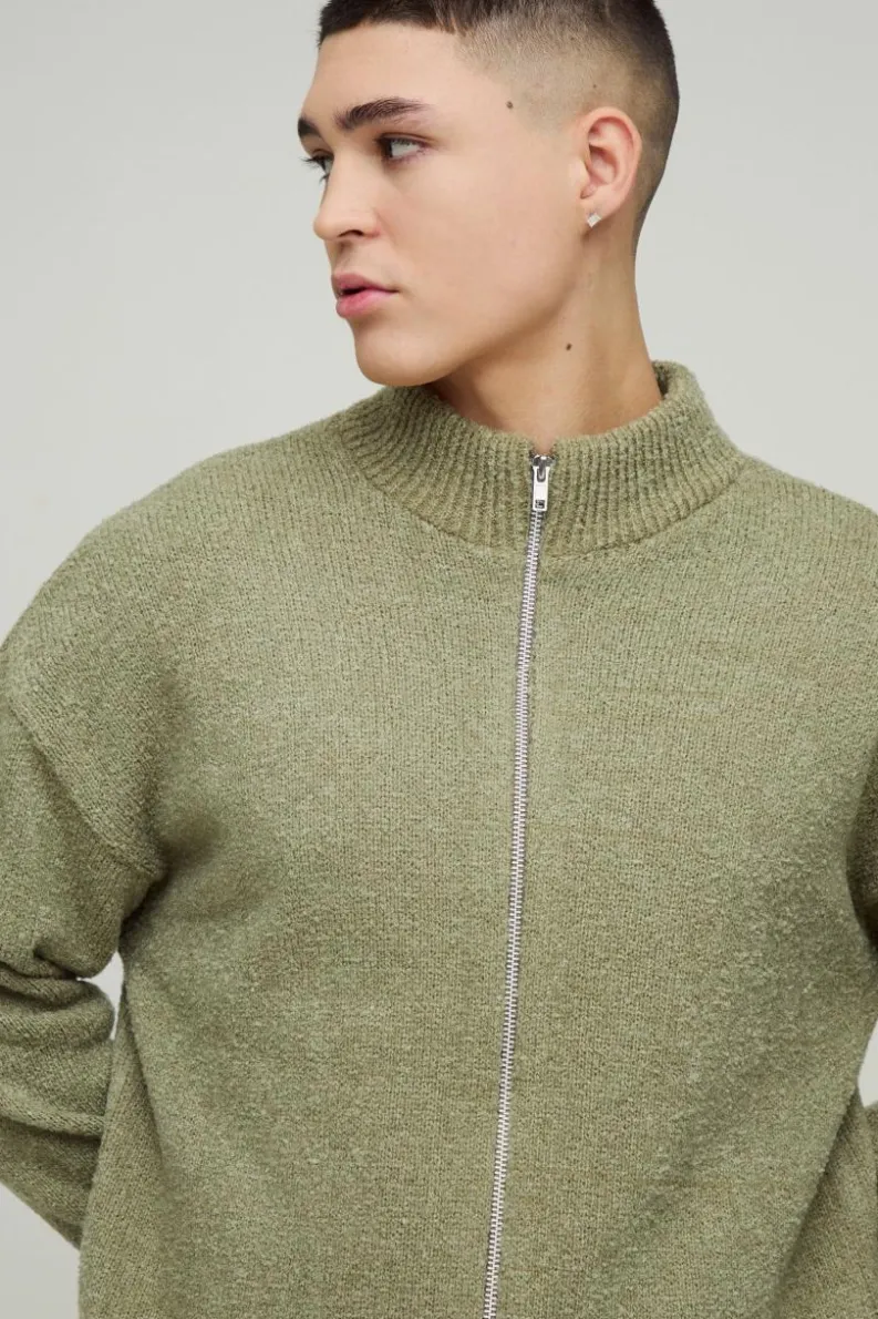 Fashion boohooMAN Relaxed Fit Boucle Zip Up Knitted Jumper khaki