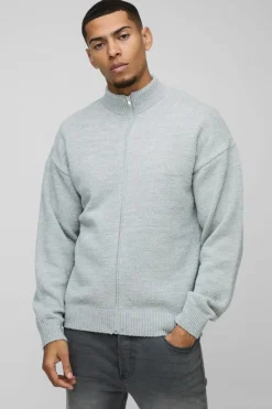 Best boohooMAN Relaxed Fit Boucle Zip Up Knitted Jumper grey