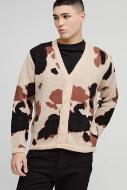 Hot boohooMAN Relaxed Fit Brushed Cow Print Knitted Cardigan brown