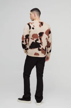 Hot boohooMAN Relaxed Fit Brushed Cow Print Knitted Cardigan brown