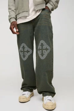 Sale boohooMAN Relaxed Fit Cross Embroidered Jeans antique blue