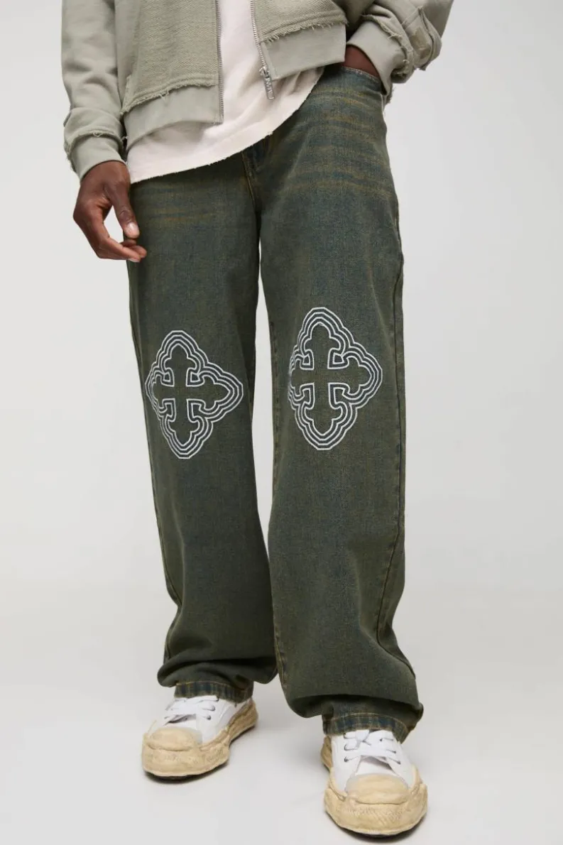 Sale boohooMAN Relaxed Fit Cross Embroidered Jeans antique blue