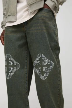 Sale boohooMAN Relaxed Fit Cross Embroidered Jeans antique blue