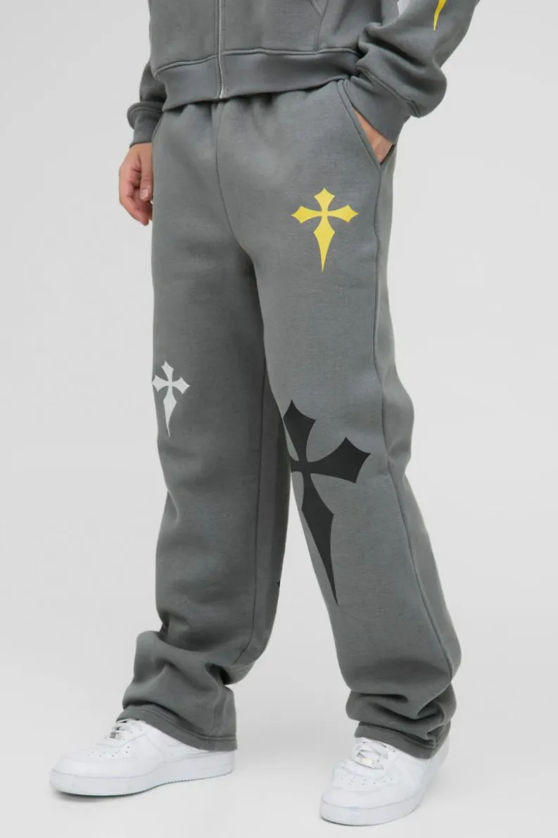 Shop boohooMAN Relaxed Fit Cross Embroidered Printed Jogger charcoal