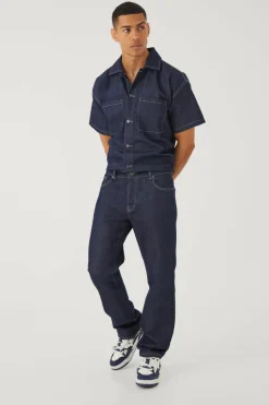 Cheap boohooMAN Relaxed Fit Denim Jumpsuit indigo