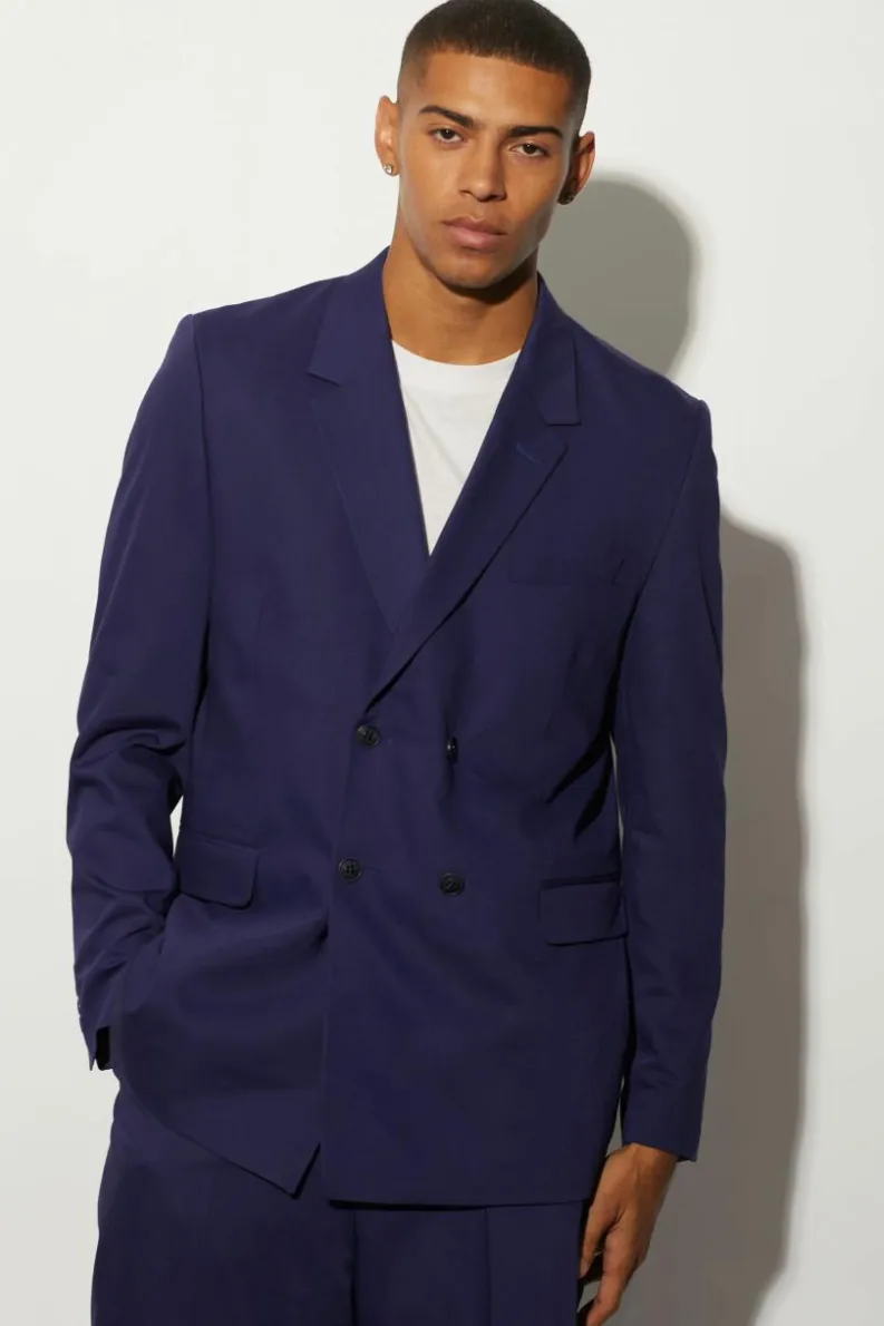 Fashion boohooMAN Relaxed Fit Double Breasted Suit Jacket navy
