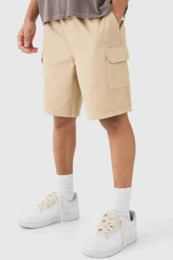 Store boohooMAN Relaxed Fit Elasticated Waist Cargo Shorts stone