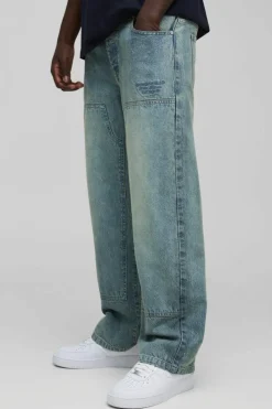 Sale boohooMAN Relaxed Fit Embroidered Carpenter Jeans antique blue