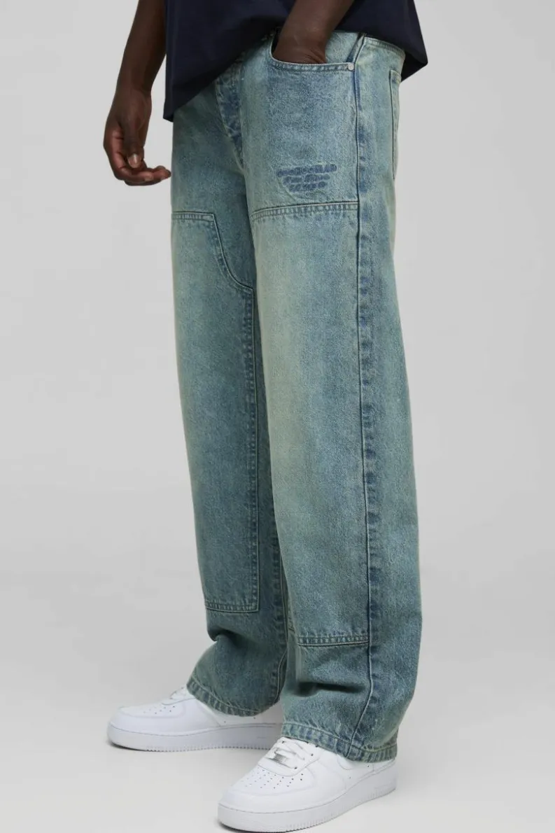 Sale boohooMAN Relaxed Fit Embroidered Carpenter Jeans antique blue