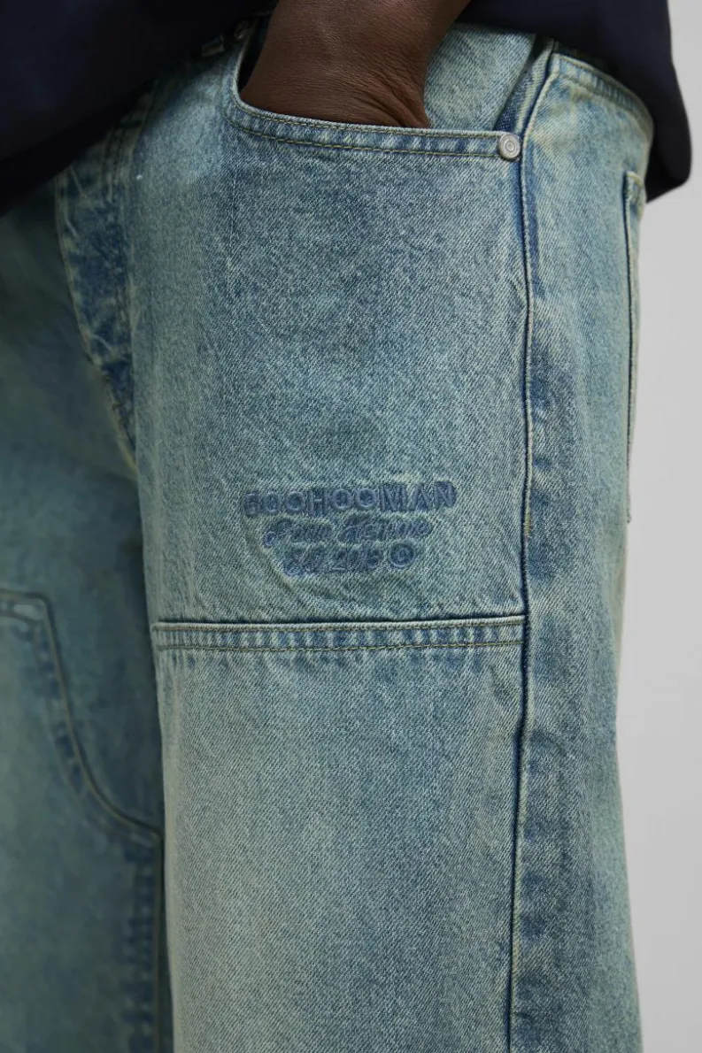 Sale boohooMAN Relaxed Fit Embroidered Carpenter Jeans antique blue