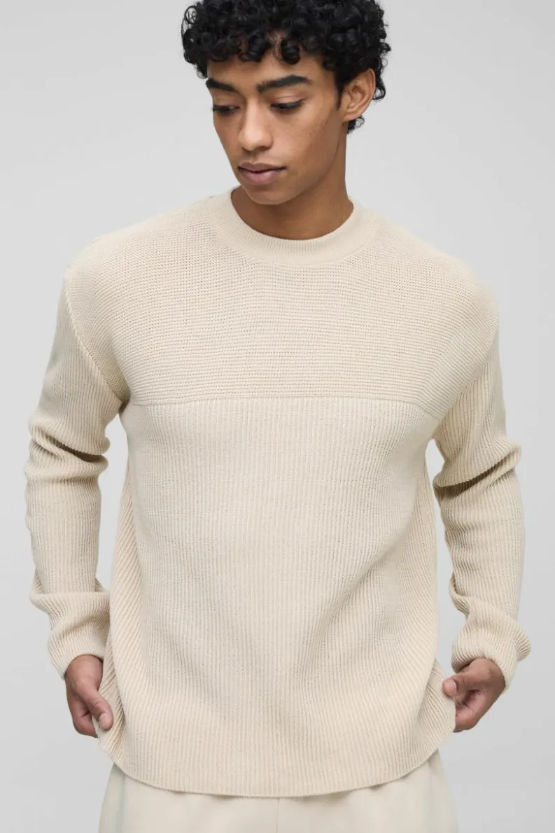 Hot boohooMAN Relaxed Fit Extended Neck Ribbed Knit Panel Jumper stone