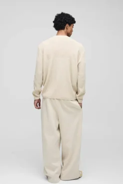 Hot boohooMAN Relaxed Fit Extended Neck Ribbed Knit Panel Jumper stone