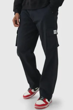 Discount boohooMAN Relaxed Fit Fixed Waist Woven Tab Cargo Trousers black