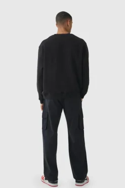 Discount boohooMAN Relaxed Fit Fixed Waist Woven Tab Cargo Trousers black