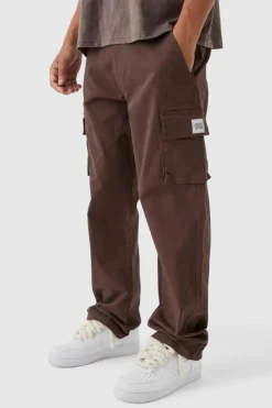 Sale boohooMAN Relaxed Fit Fixed Waist Woven Tab Cargo Trousers chocolate