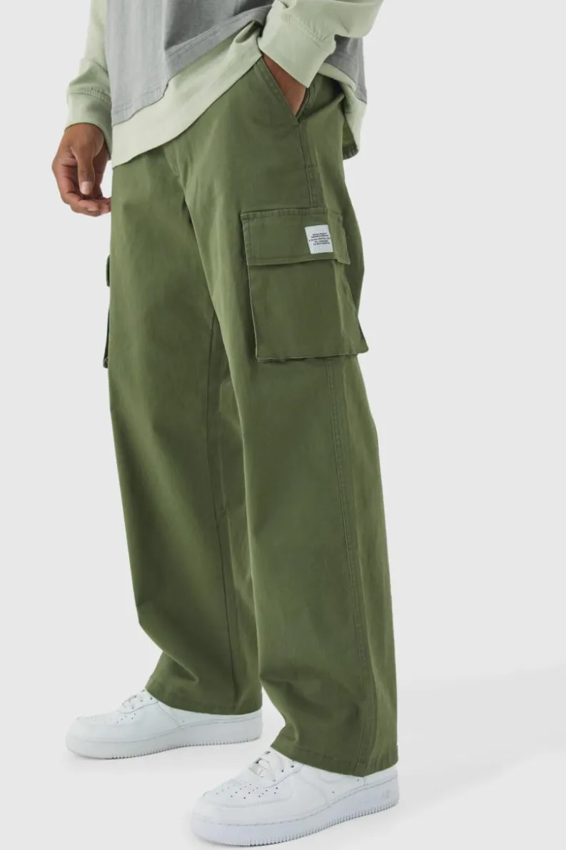Hot boohooMAN Relaxed Fit Fixed Waist Woven Tab Cargo Trousers khaki