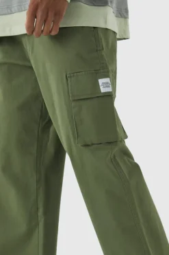Hot boohooMAN Relaxed Fit Fixed Waist Woven Tab Cargo Trousers khaki