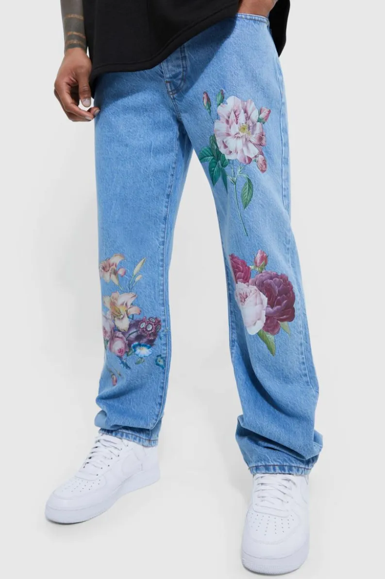 Cheap boohooMAN Relaxed Fit Floral Print Jeans light blue