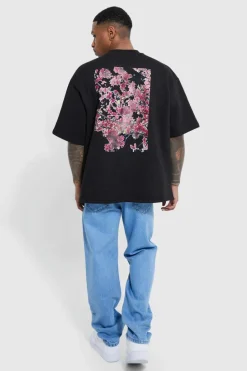 Cheap boohooMAN Relaxed Fit Floral Print Jeans light blue