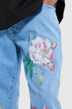 Cheap boohooMAN Relaxed Fit Floral Print Jeans light blue