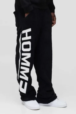Discount boohooMAN Relaxed Fit Homme Embroidered Teddy Borg Joggers black