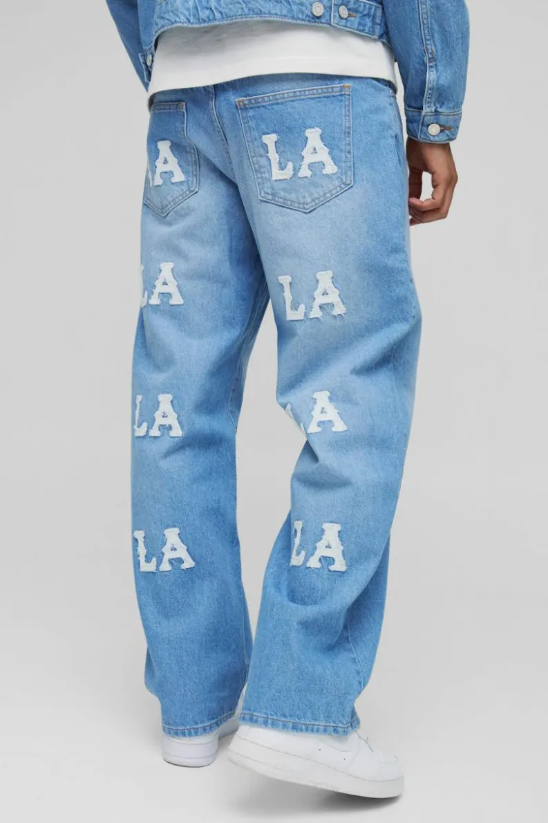 Cheap boohooMAN Relaxed Fit LA Applique Jeans light blue