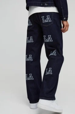Discount boohooMAN Relaxed Fit LA Embroidery Jeans indigo