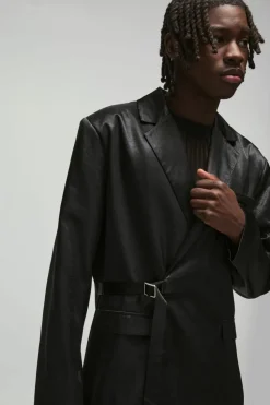 Sale boohoo Relaxed Fit Liquid Metallic Wrap Belted Blazer & Trouser Suit black