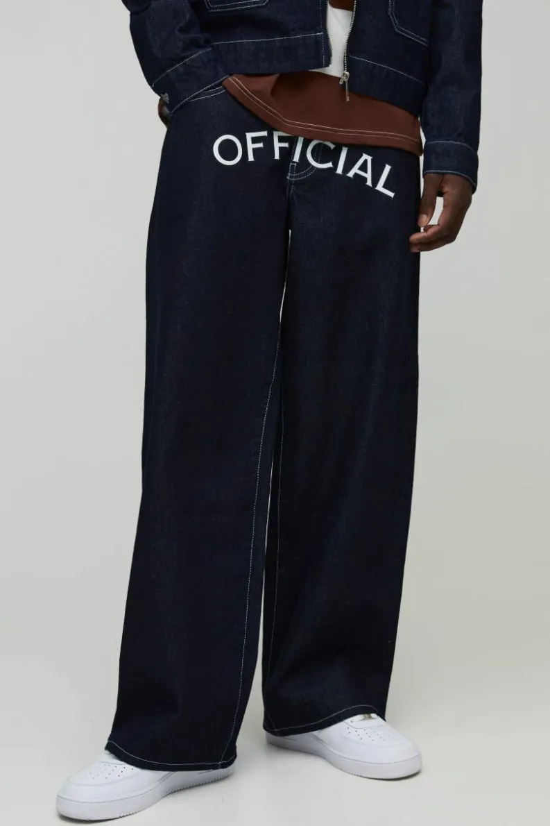 Store boohooMAN Relaxed Fit Official Printed Jeans indigo