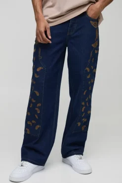 Flash Sale boohooMAN Relaxed Fit Paisley Embroidered Jeans indigo