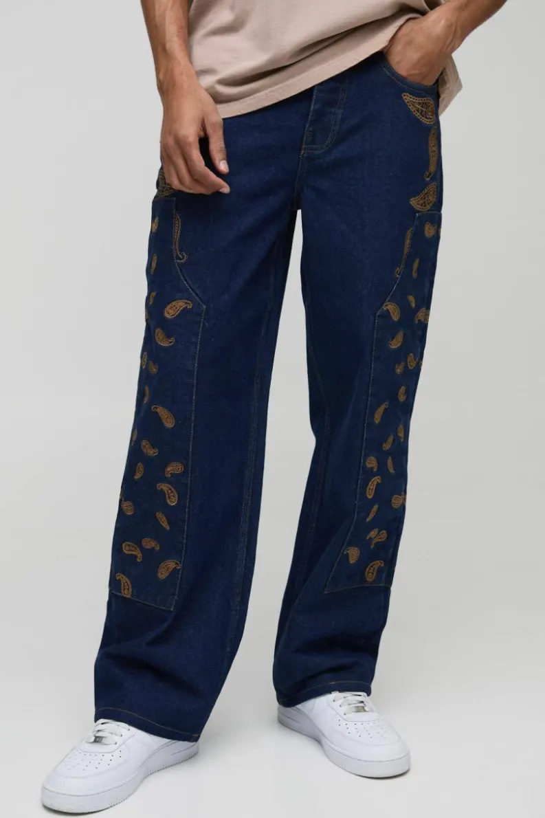 Flash Sale boohooMAN Relaxed Fit Paisley Embroidered Jeans indigo