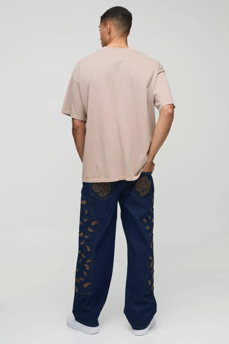 Flash Sale boohooMAN Relaxed Fit Paisley Embroidered Jeans indigo