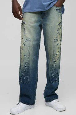 Fashion boohooMAN Relaxed Fit Paisley Embroidered Jeans vintage blue