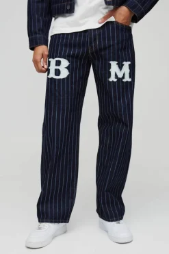 Best boohooMAN Relaxed Fit Pinstripe Denim Applique Jeans dark blue