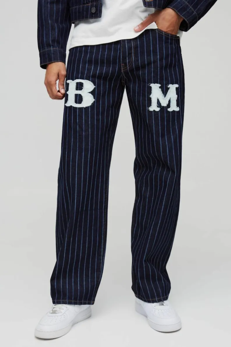 Best boohooMAN Relaxed Fit Pinstripe Denim Applique Jeans dark blue