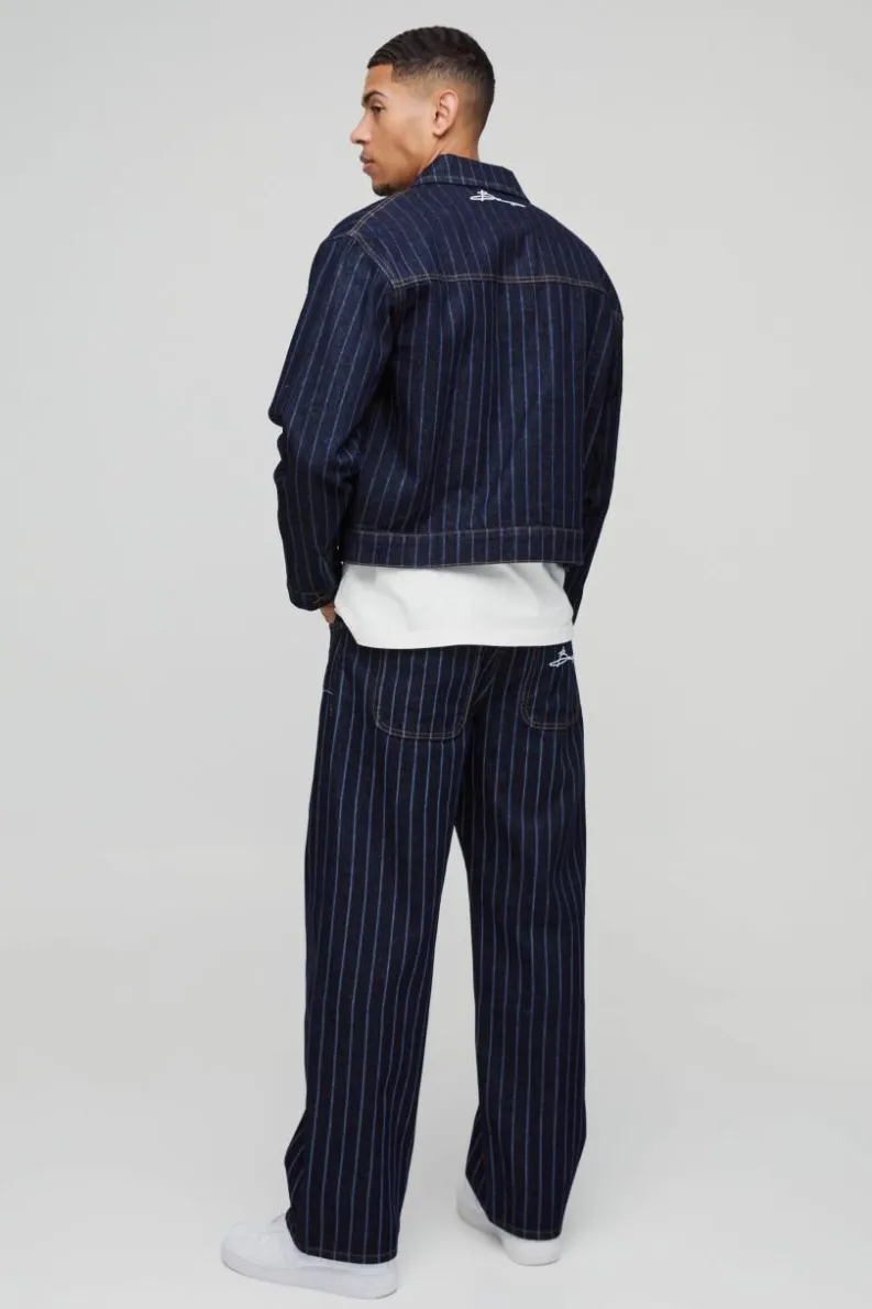 Best boohooMAN Relaxed Fit Pinstripe Denim Applique Jeans dark blue