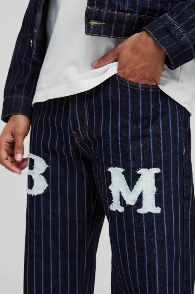 Best boohooMAN Relaxed Fit Pinstripe Denim Applique Jeans dark blue
