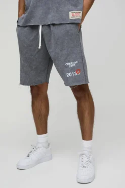 Fashion boohooMAN Relaxed Fit Print Short Length Washed Shorts charcoal