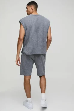Fashion boohooMAN Relaxed Fit Print Short Length Washed Shorts charcoal