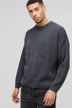 Shop boohooMAN Relaxed Fit Ribbed Cross Knitted Jumper charcoal