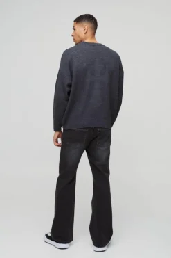 Shop boohooMAN Relaxed Fit Ribbed Cross Knitted Jumper charcoal
