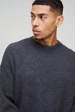 Shop boohooMAN Relaxed Fit Ribbed Cross Knitted Jumper charcoal