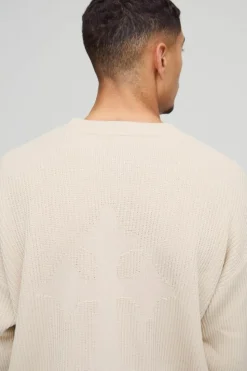 Outlet boohooMAN Relaxed Fit Ribbed Cross Knitted Jumper stone