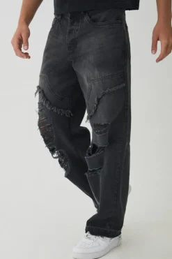 Sale boohooMAN Relaxed Fit Ripped Distressed Carpenter Jeans charcoal