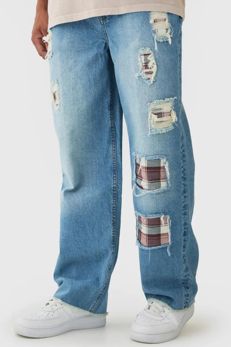 Clearance boohooMAN Relaxed Fit Rip & Repair Check Patchwork Jeans mid blue