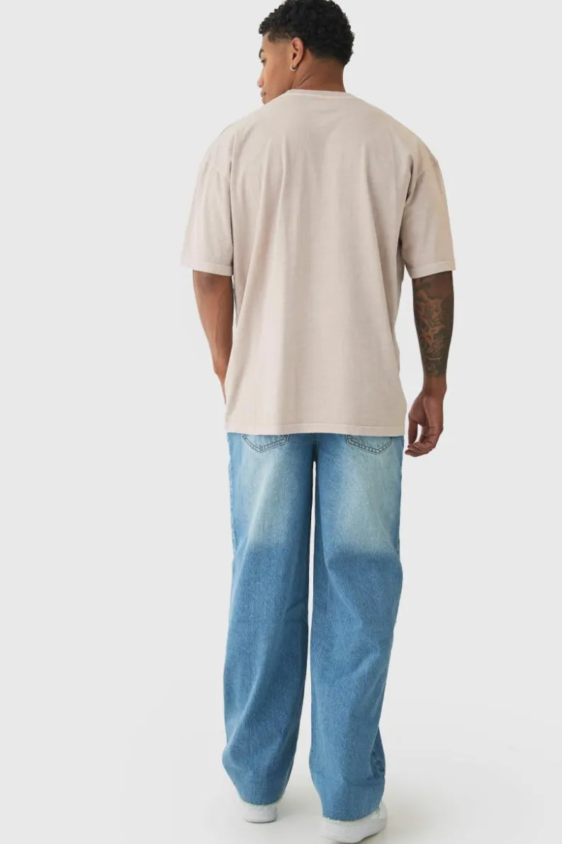Clearance boohooMAN Relaxed Fit Rip & Repair Check Patchwork Jeans mid blue