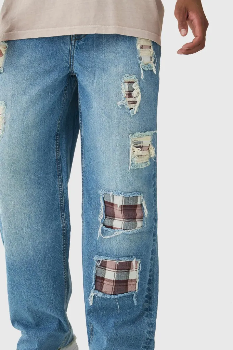Clearance boohooMAN Relaxed Fit Rip & Repair Check Patchwork Jeans mid blue