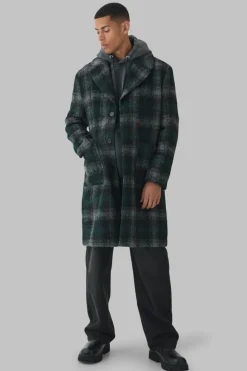 Online boohooMAN Relaxed Fit Single Breasted Check Overcoat In green