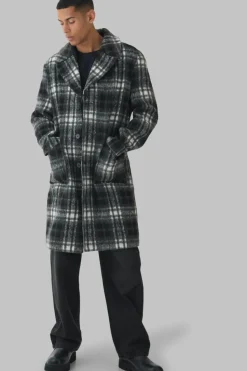 Fashion boohooMAN Relaxed Fit Single Breasted Check Overcoat In black